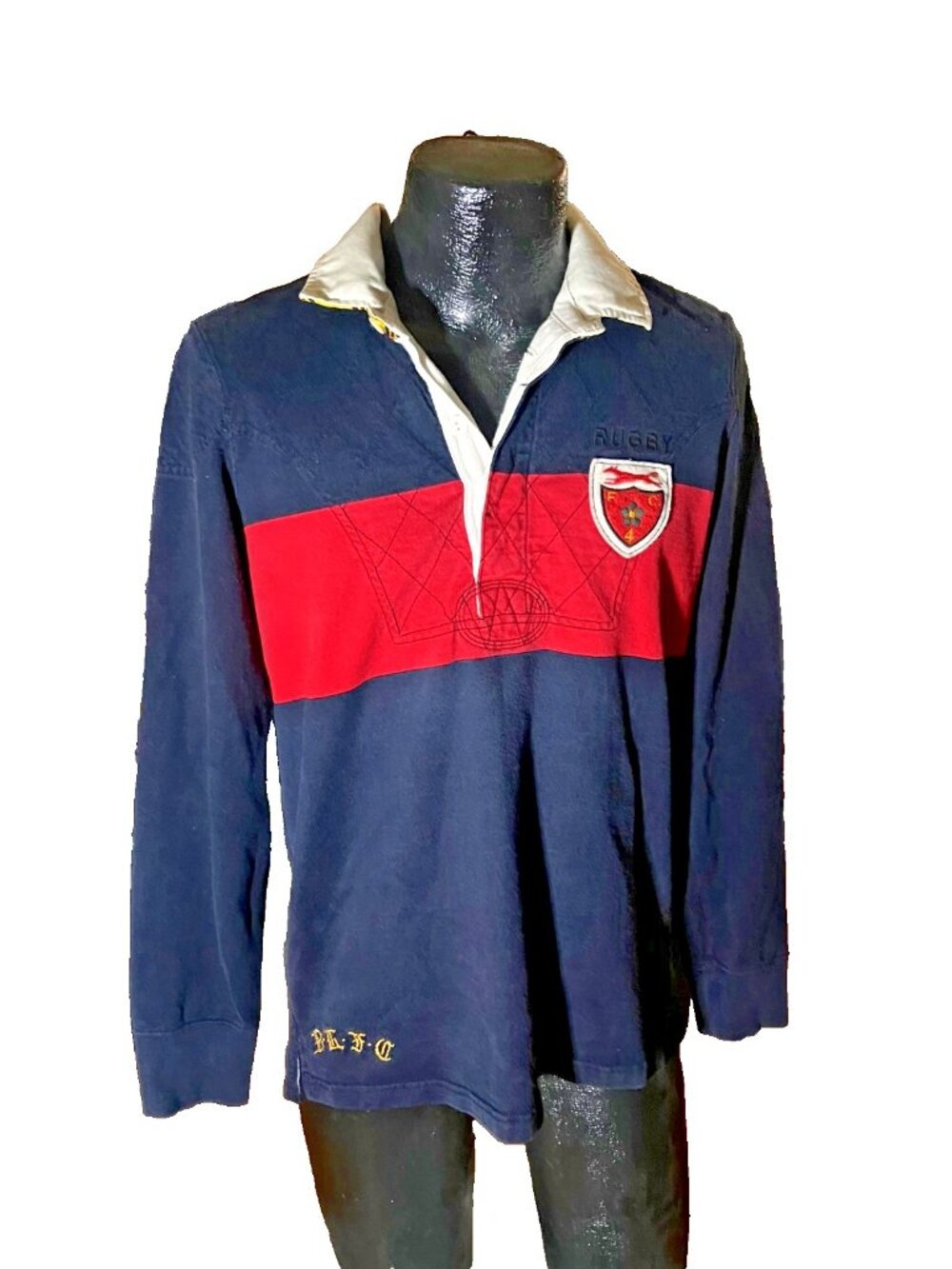 Vintage Rugby Ralph Lauren Crest Long Sleeve Shirt Mens Large Navy Red Stripe